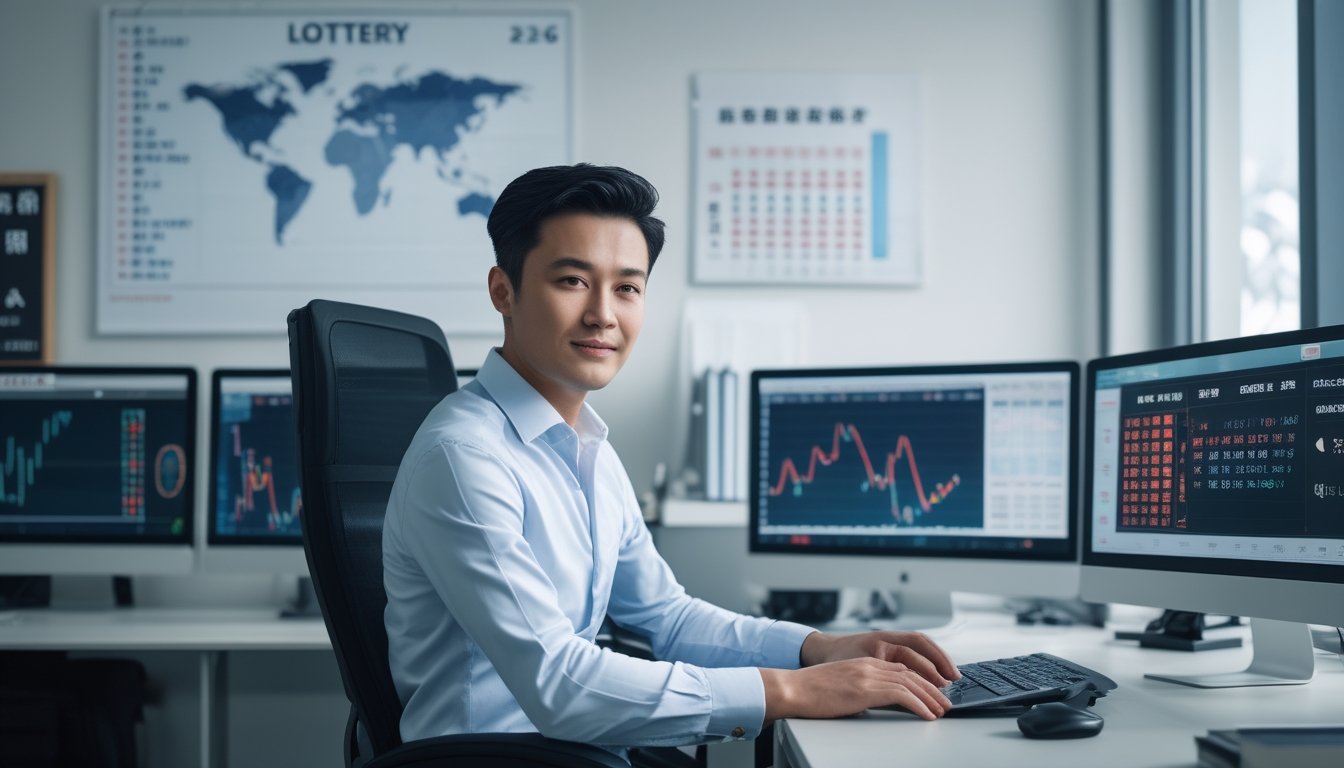 Seorang pria Asia di kantor modern sedang bekerja dengan beberapa layar komputer yang menampilkan data dan grafik prediksi togel.