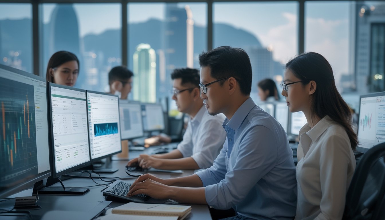 Orang-orang bekerja di kantor modern dengan komputer yang menampilkan data dan grafik terkait prediksi togel, dengan latar belakang pemandangan kota Hong Kong.