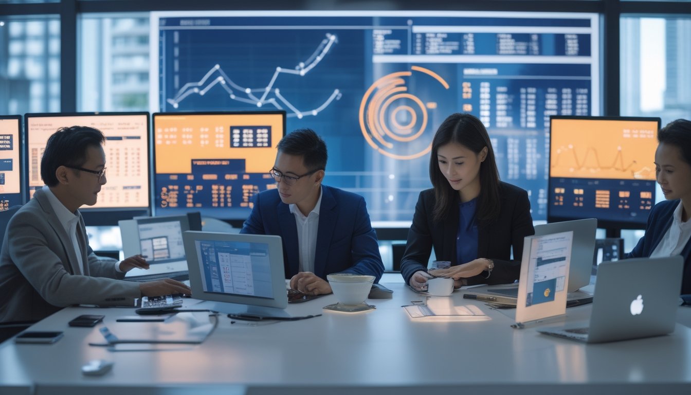 Sekelompok profesional sedang bekerja di kantor modern dengan layar komputer menampilkan data dan grafik keuangan, latar belakang menunjukkan pemandangan kota Hong Kong.