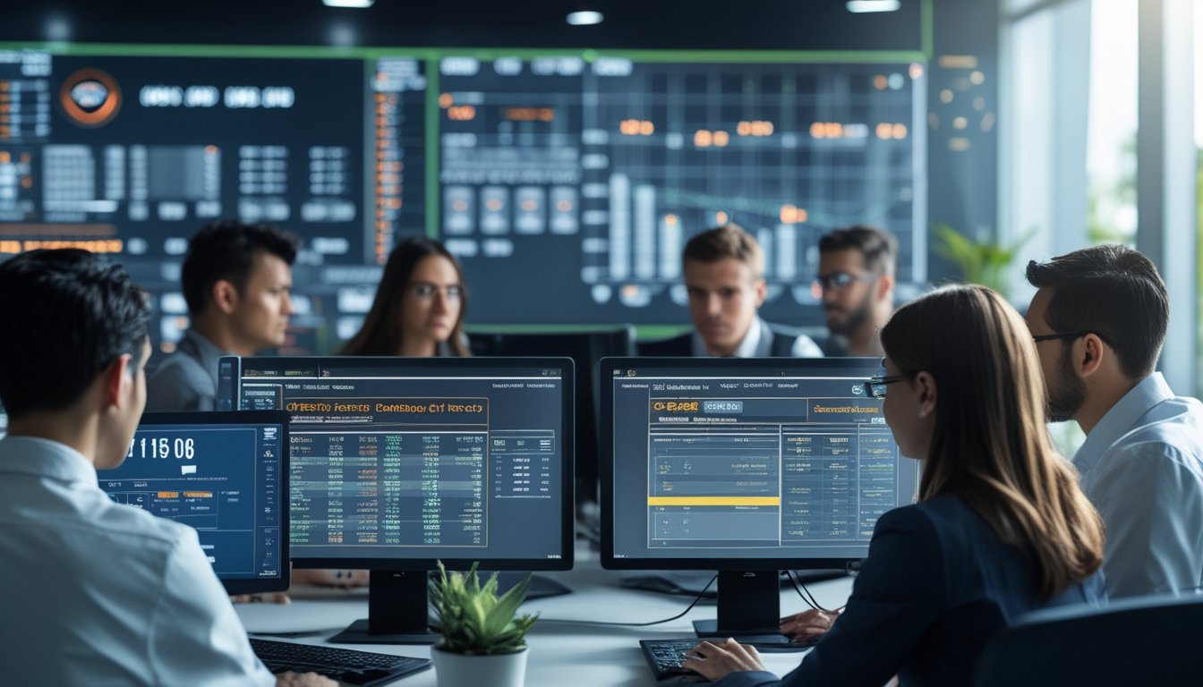 Sekelompok profesional sedang bekerja dengan komputer di kantor modern yang menampilkan data terkait lotere dan taruhan.