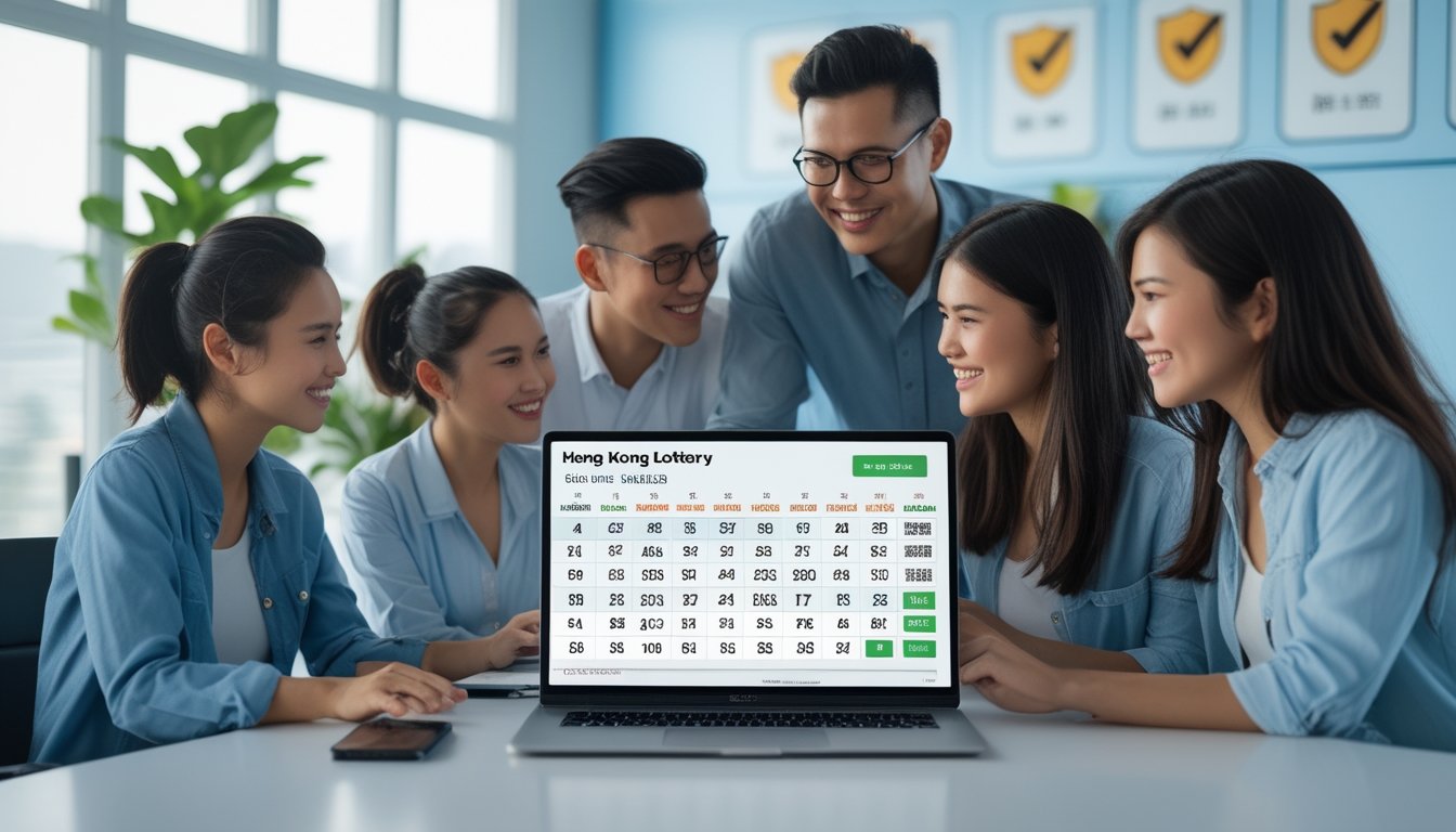Sekelompok orang muda menggunakan laptop dan ponsel di ruang kantor yang terang, menunjukkan suasana aman dan terpercaya untuk permainan lotere online.
