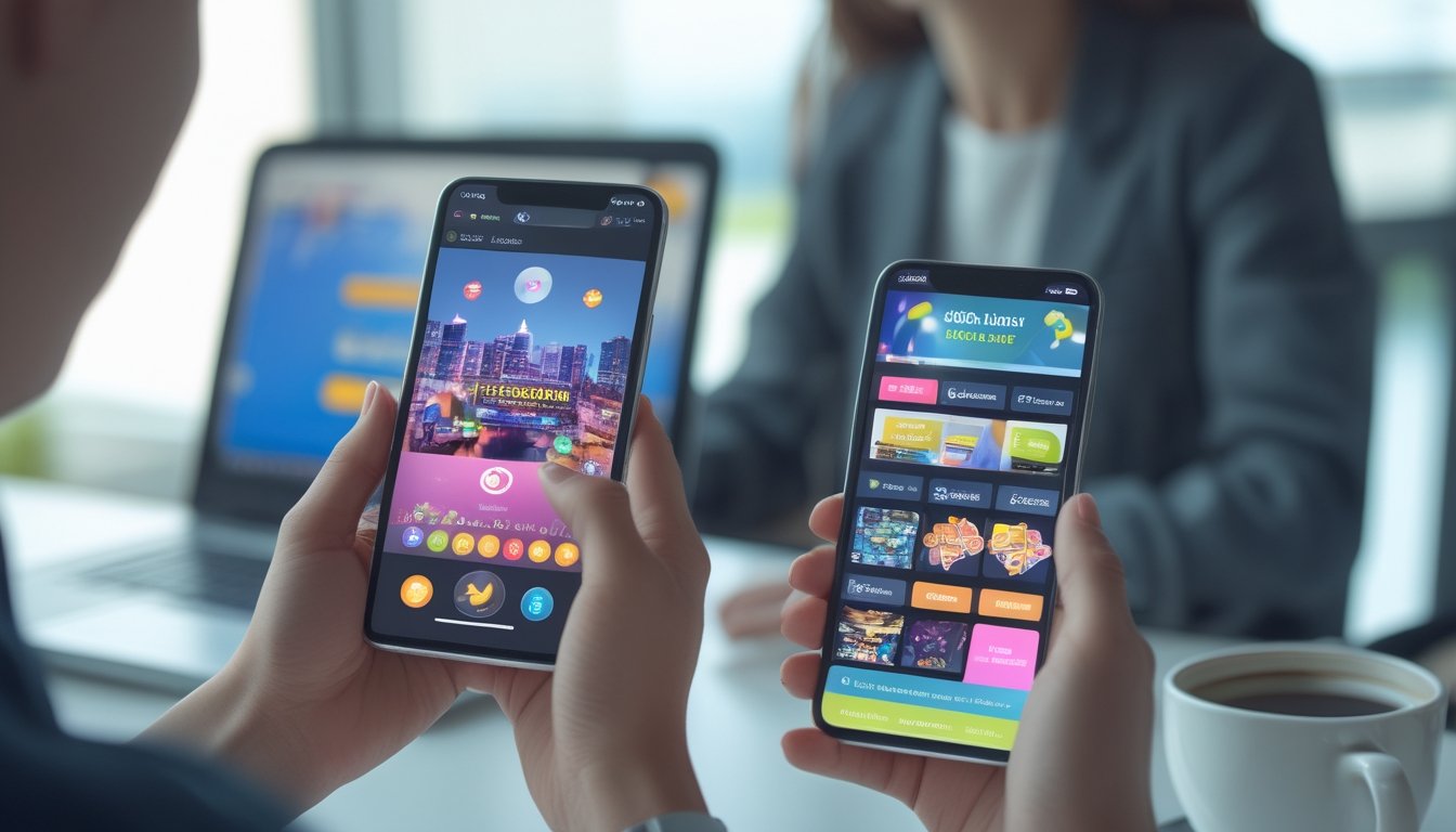 Seseorang menggunakan ponsel Android dan iPhone di meja kerja yang rapi dengan laptop dan cangkir kopi.