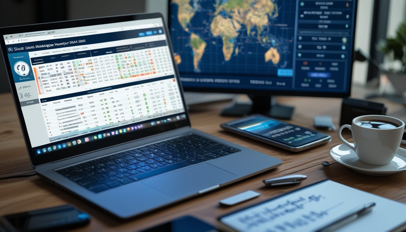Meja kerja modern dengan laptop menampilkan grafik taruhan sepak bola handicap Asia dan ponsel menunjukkan situs taruhan resmi, dikelilingi oleh cangkir kopi dan buku catatan.