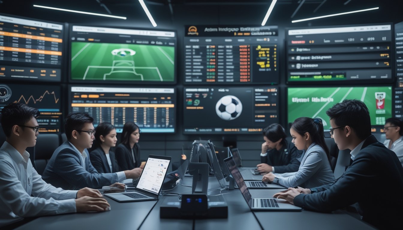 Beberapa orang sedang melihat layar digital besar yang menampilkan data taruhan sepak bola dan statistik pertandingan secara serius di sebuah ruang kantor modern.