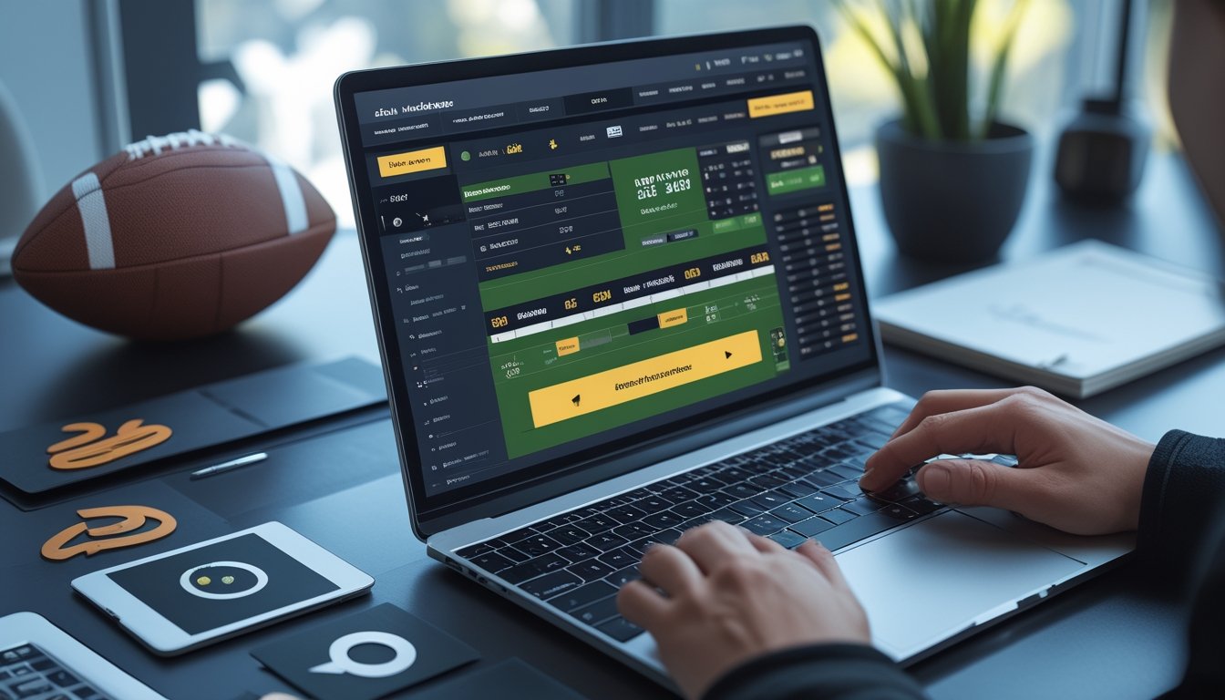 Seseorang sedang menggunakan laptop di meja kerja dengan tampilan situs taruhan sepak bola Asia di layar dan bola sepak di sampingnya.