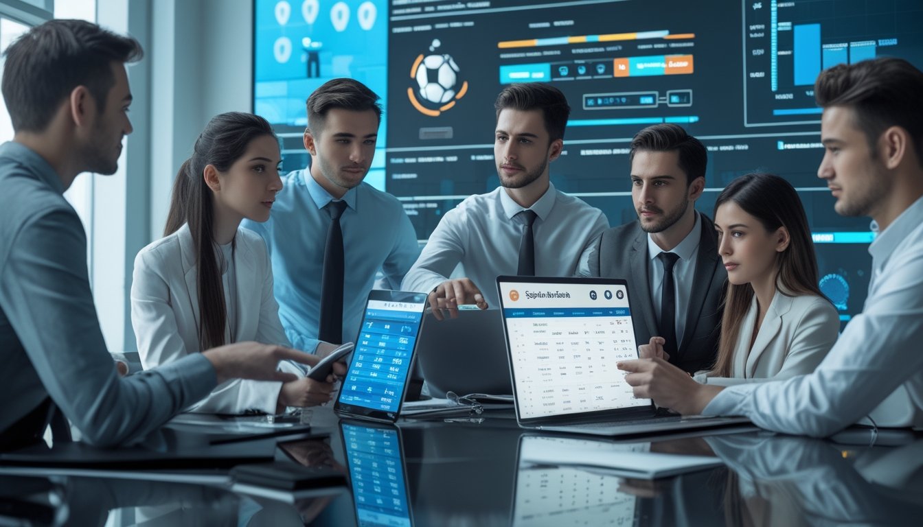 Sekelompok profesional muda sedang berdiskusi di kantor dengan perangkat digital yang menampilkan grafik dan statistik taruhan olahraga.