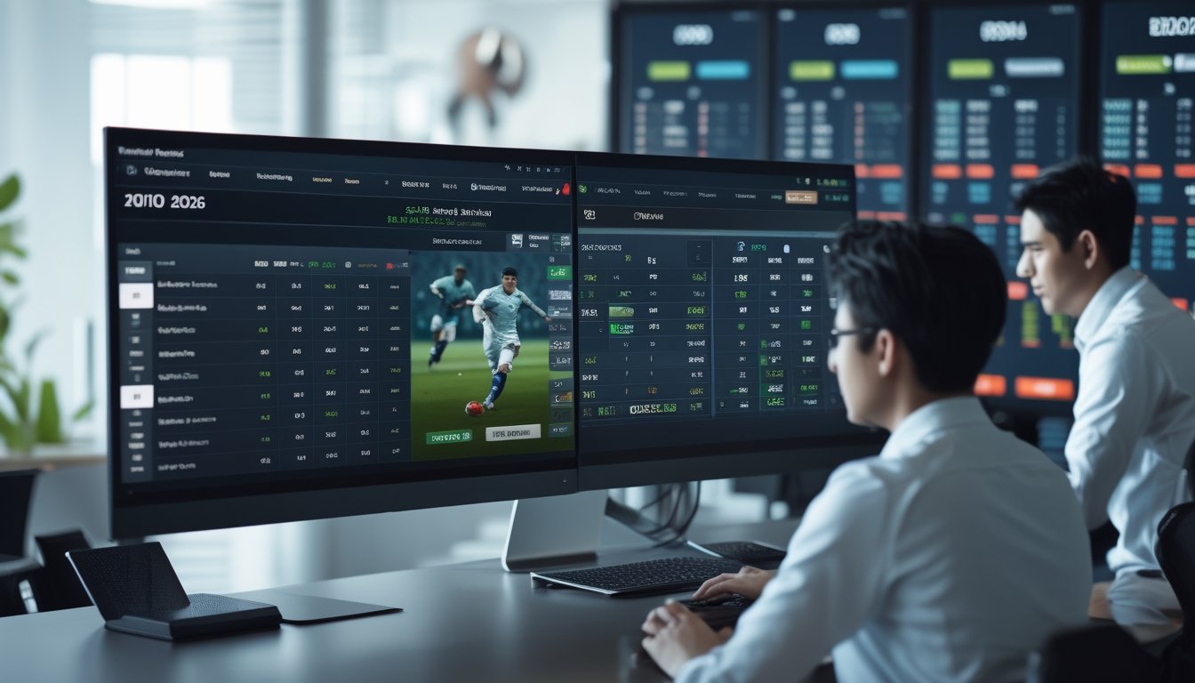 Suasana kantor taruhan olahraga modern dengan layar digital menampilkan data taruhan sepak bola dan orang-orang yang sedang menganalisis informasi.