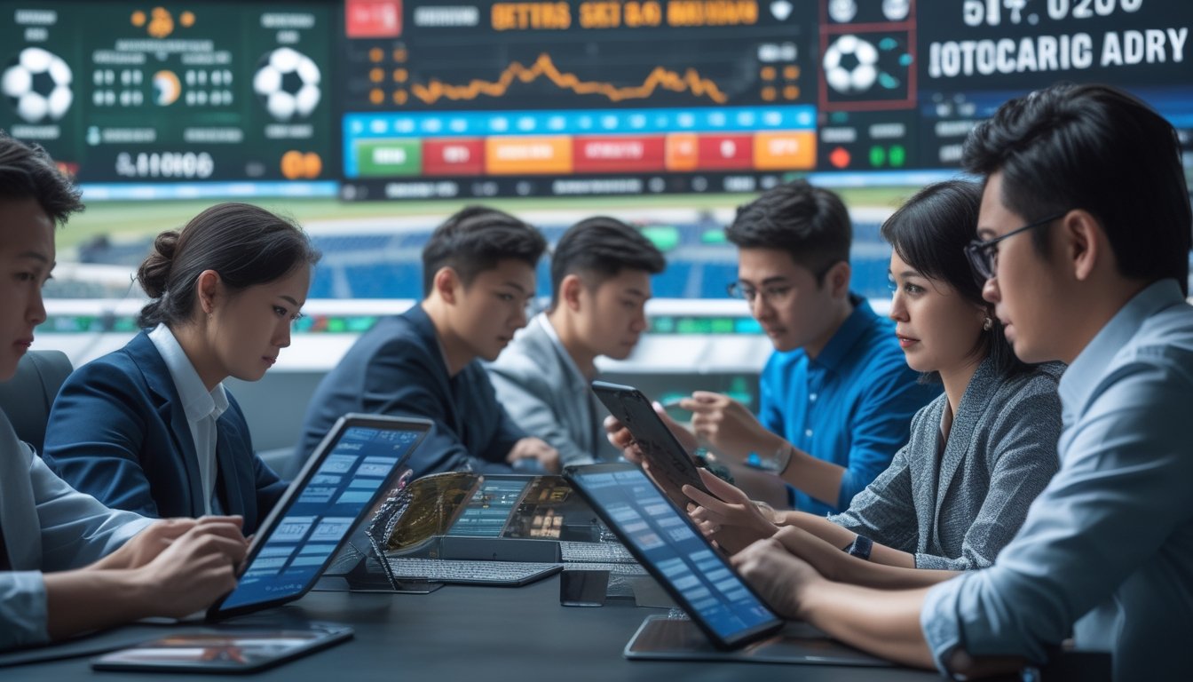 Orang-orang Asia sedang menggunakan perangkat digital untuk memasang taruhan pada pertandingan sepak bola dengan tampilan grafik dan statistik taruhan di layar.