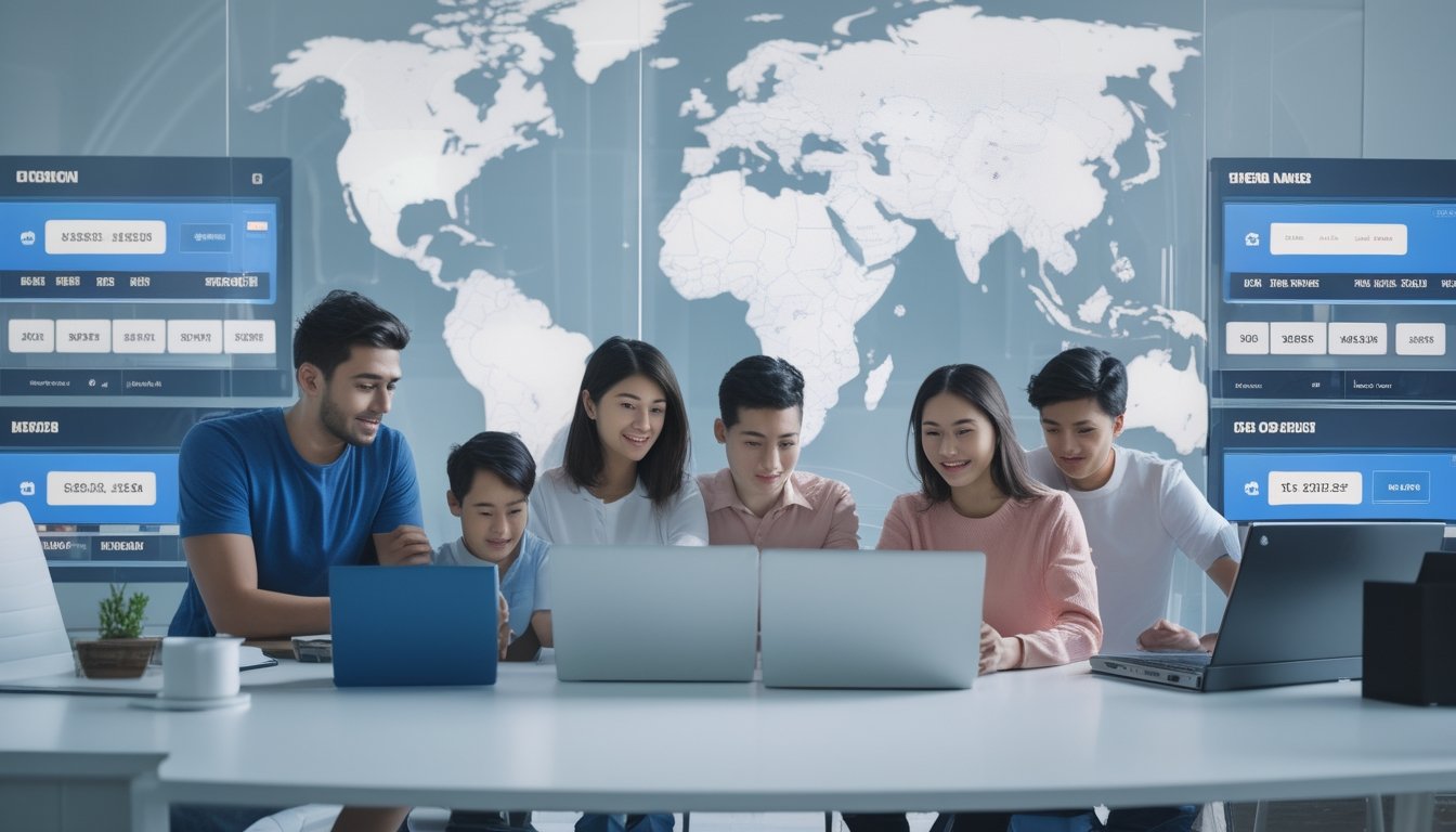 Sekelompok orang muda menggunakan laptop dan ponsel di ruang kerja modern dengan latar belakang grafik sepak bola dan peta Asia.