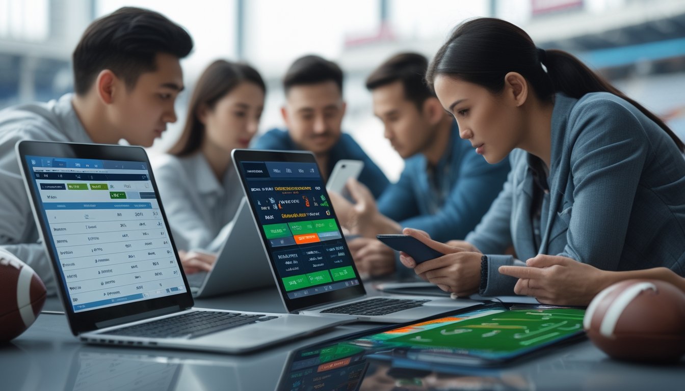 Orang-orang sedang menggunakan laptop dan ponsel untuk memasang taruhan bola dengan fokus pada handicap Asia, di sebuah ruangan yang terang dan modern.
