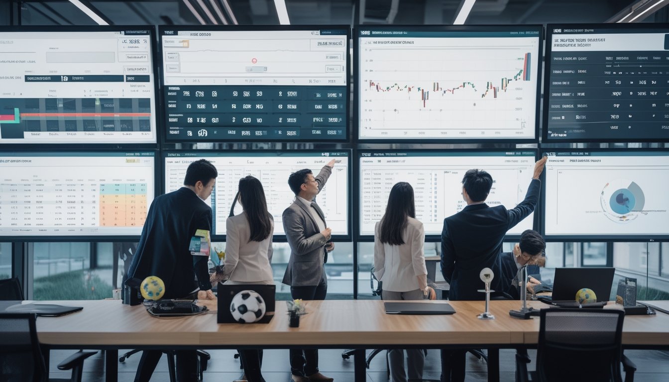 Orang-orang Asia di ruang kantor modern sedang melihat layar besar dengan statistik dan informasi taruhan sepak bola.