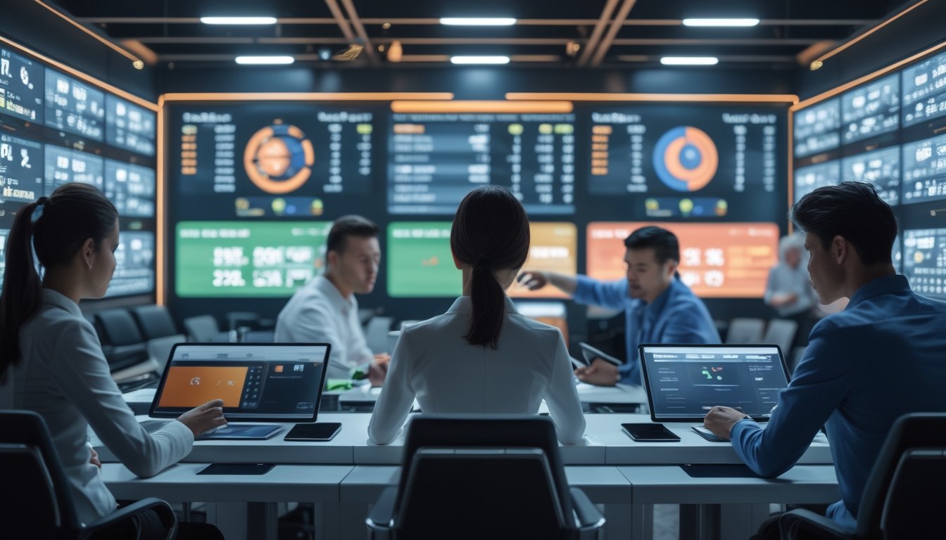 Sekelompok orang sedang melihat layar digital dengan data taruhan sepak bola di sebuah kantor taruhan modern.