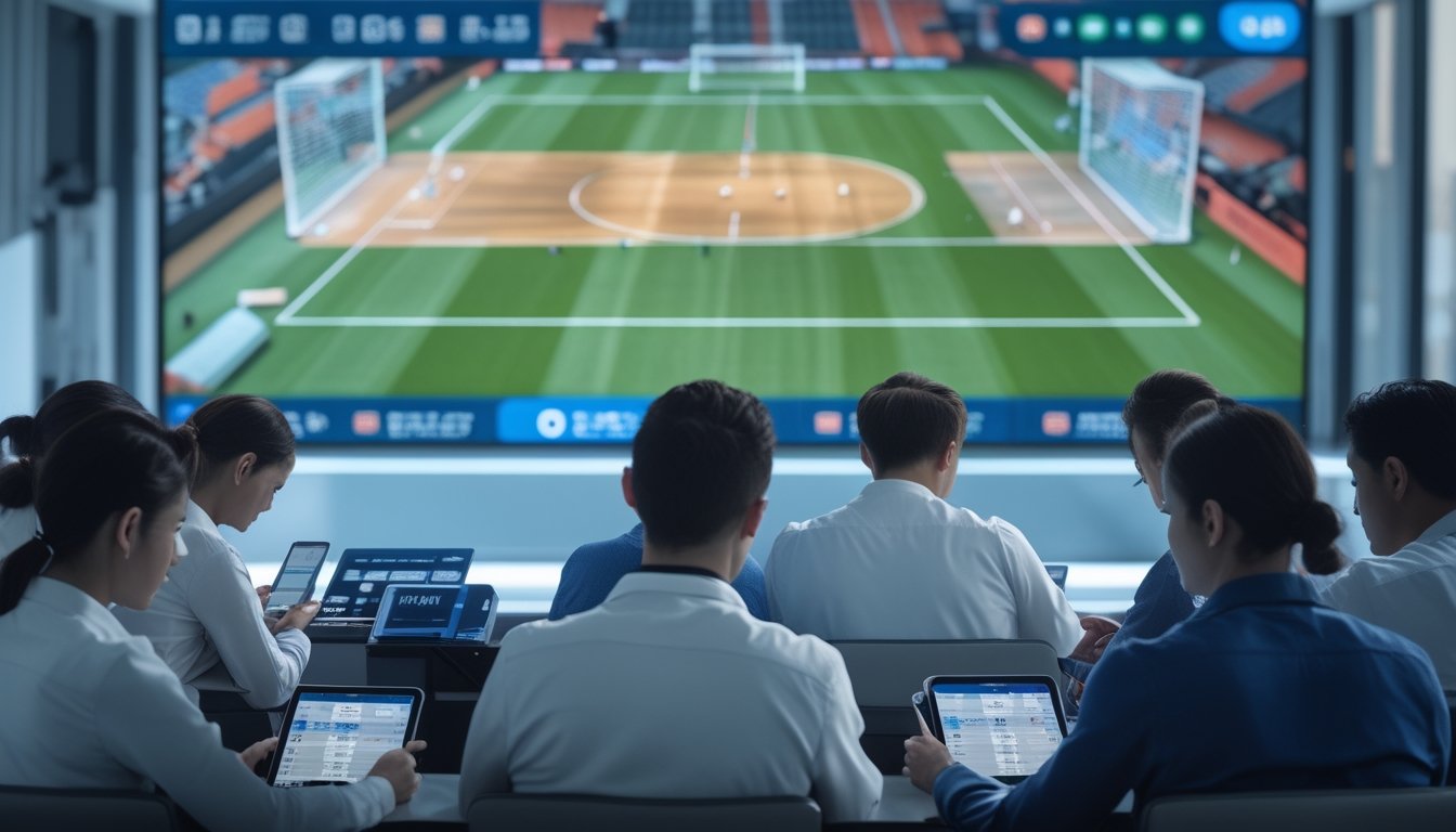 Orang-orang sedang melihat layar dengan informasi taruhan sepak bola handicap Asia di lingkungan taruhan modern.