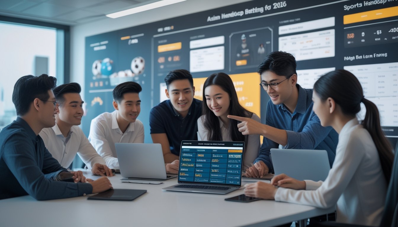 Sekelompok orang muda sedang belajar bersama di kantor dengan laptop dan ponsel, memperhatikan layar yang menampilkan data taruhan olahraga.