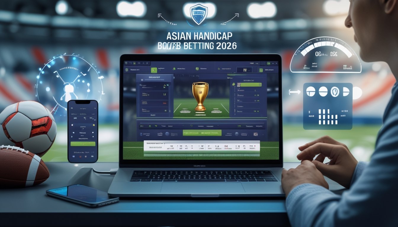 Orang menggunakan laptop dan ponsel untuk memasang taruhan bola online dengan latar belakang bola dan stadion.