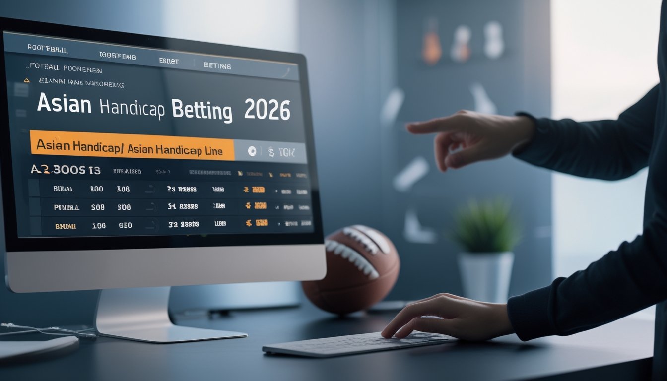 Seorang pengguna di depan komputer dengan tampilan antarmuka taruhan sepak bola handicap Asia, menunjukkan aktivitas taruhan online yang mudah dan tersedia 24 jam.