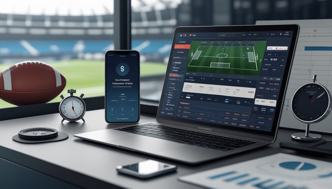 Seorang pria sedang menggunakan laptop di meja kerja dengan latar belakang bola sepak dan elemen yang melambangkan taruhan dan transaksi cepat.