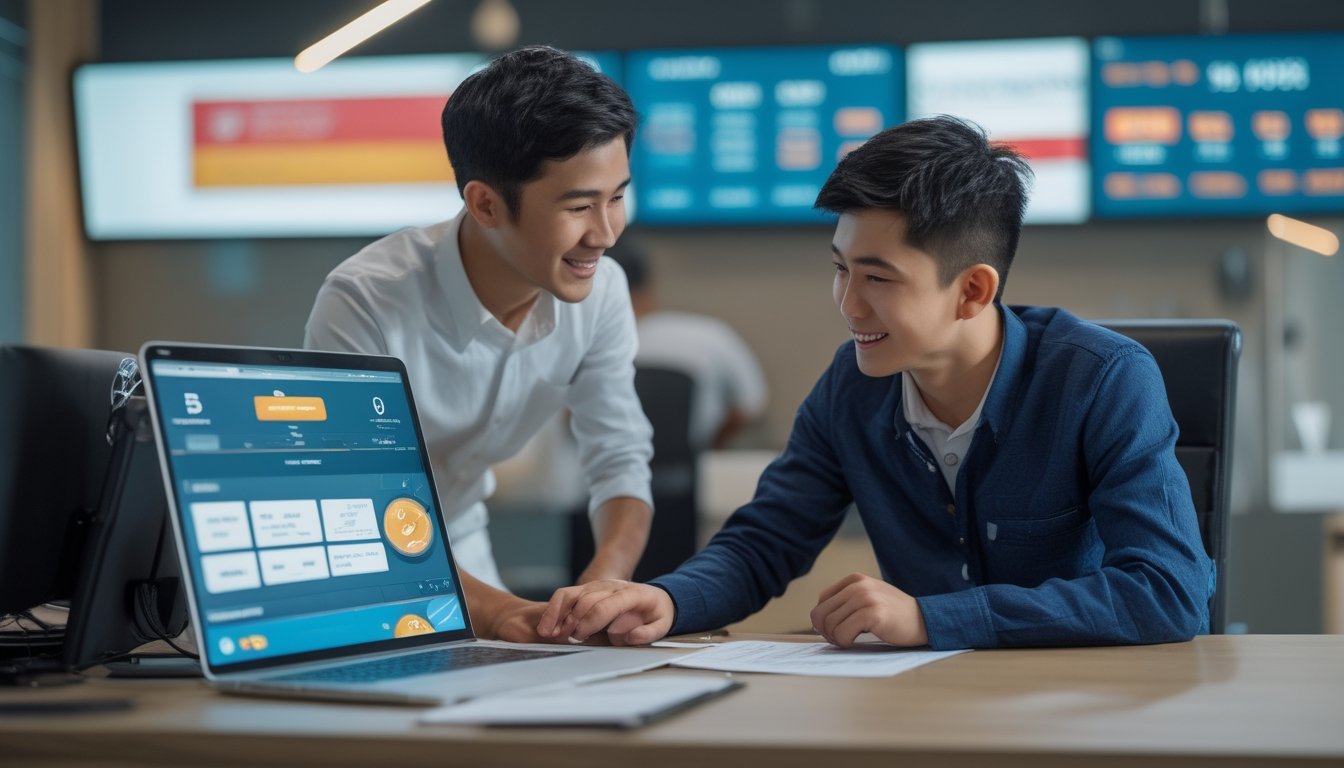 Seorang pegawai bank modern membantu pemain pemula muda di dalam kantor bank yang terang dan profesional.