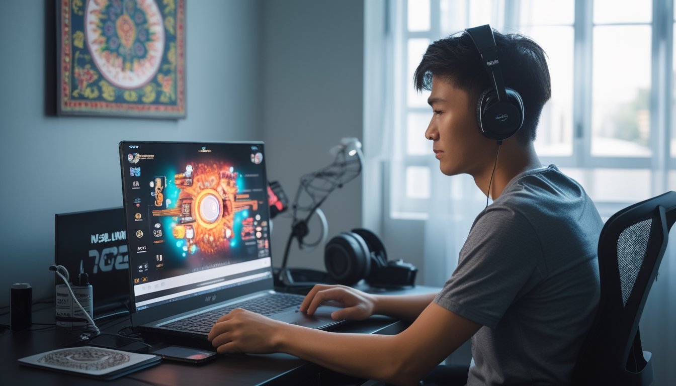 Seorang pria muda duduk di depan laptop dengan tampilan permainan kartu digital, di sebuah ruangan rapi dan terang, fokus bermain Ceme online.