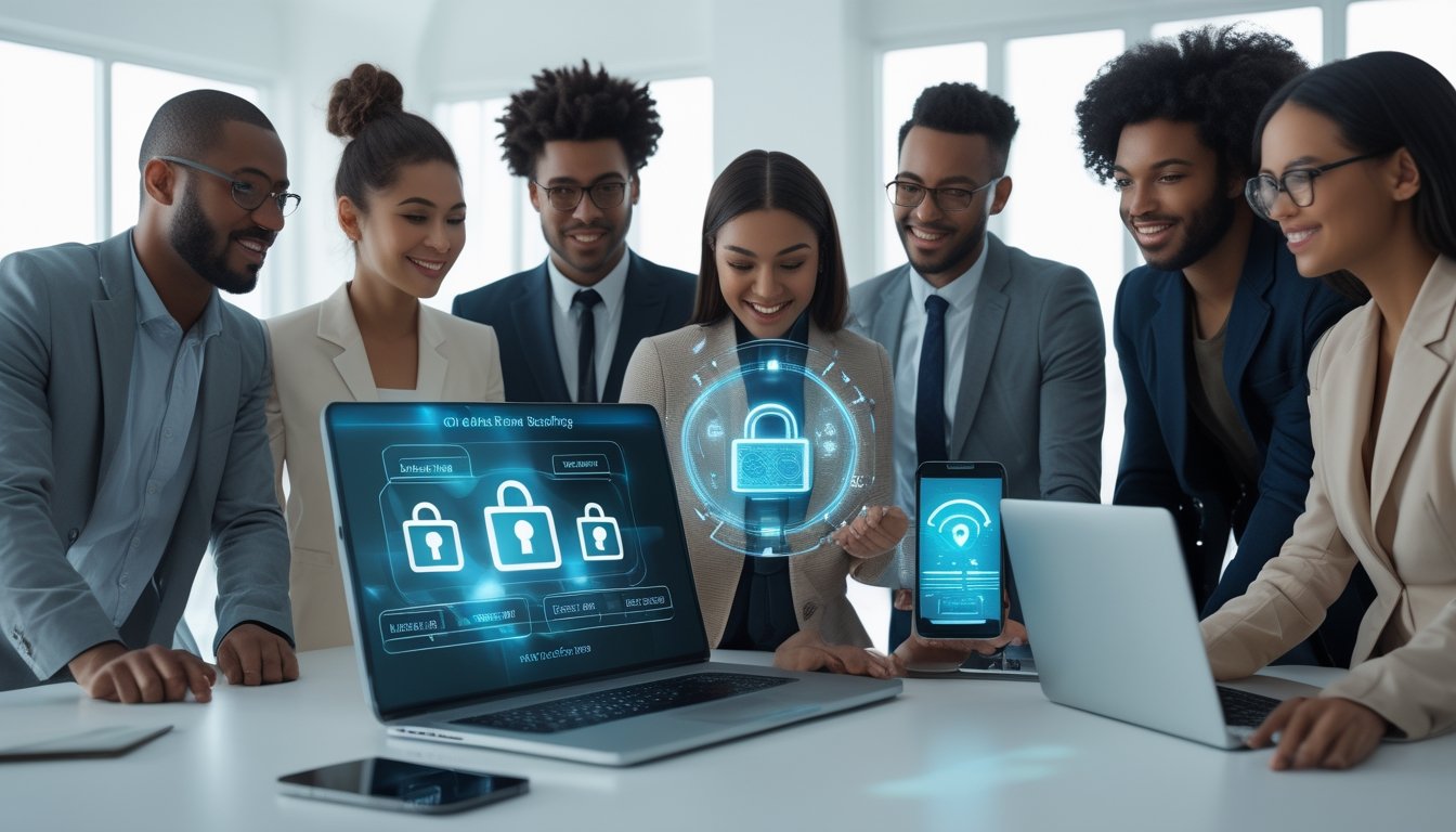 Sekelompok orang muda menggunakan laptop dan ponsel di kantor modern yang cerah, menunjukkan konsep perbankan digital yang aman dan terpercaya.