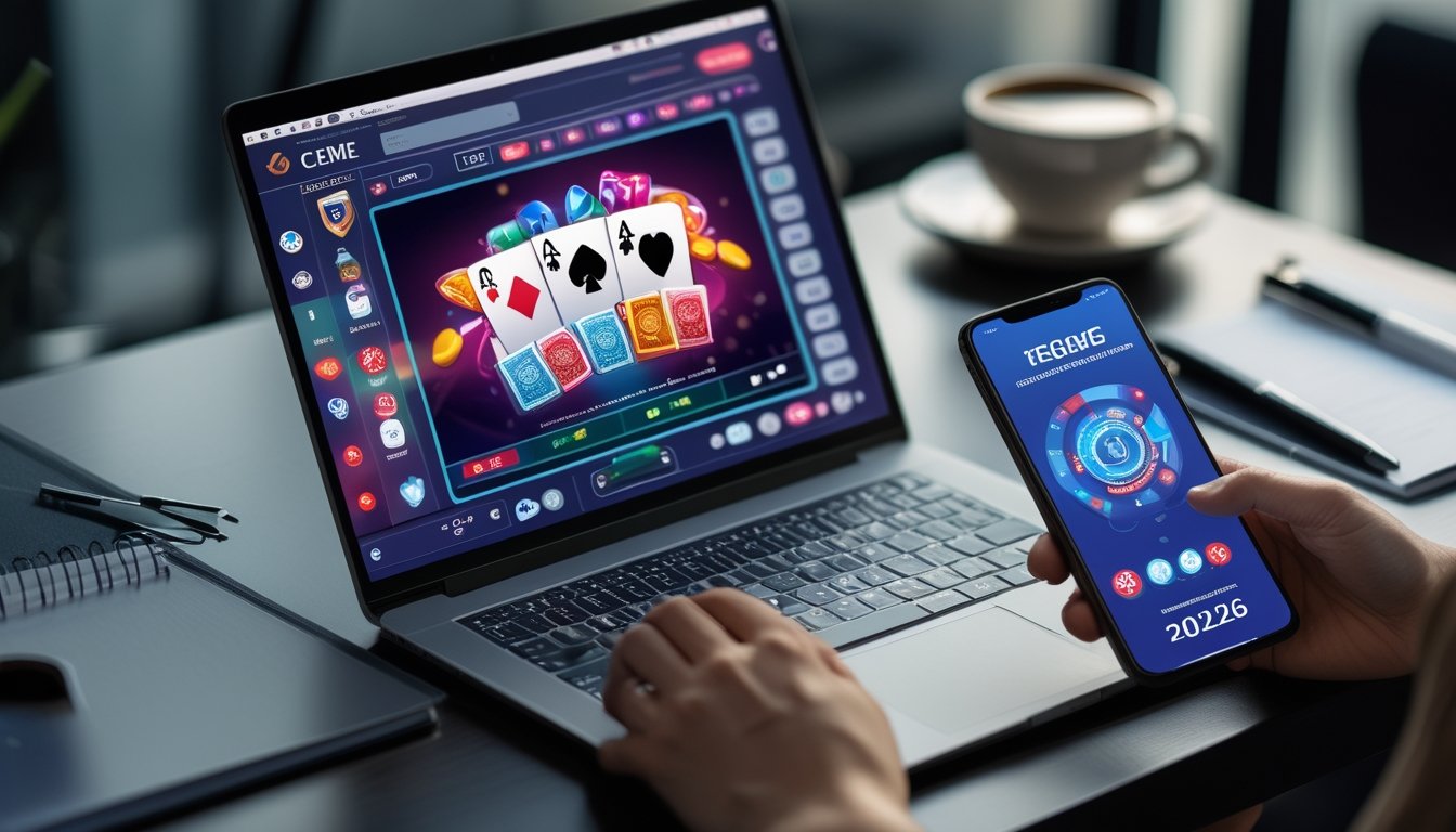 Seseorang menggunakan laptop dan ponsel untuk bermain permainan kartu online Ceme dengan suasana kerja yang rapi dan nyaman.