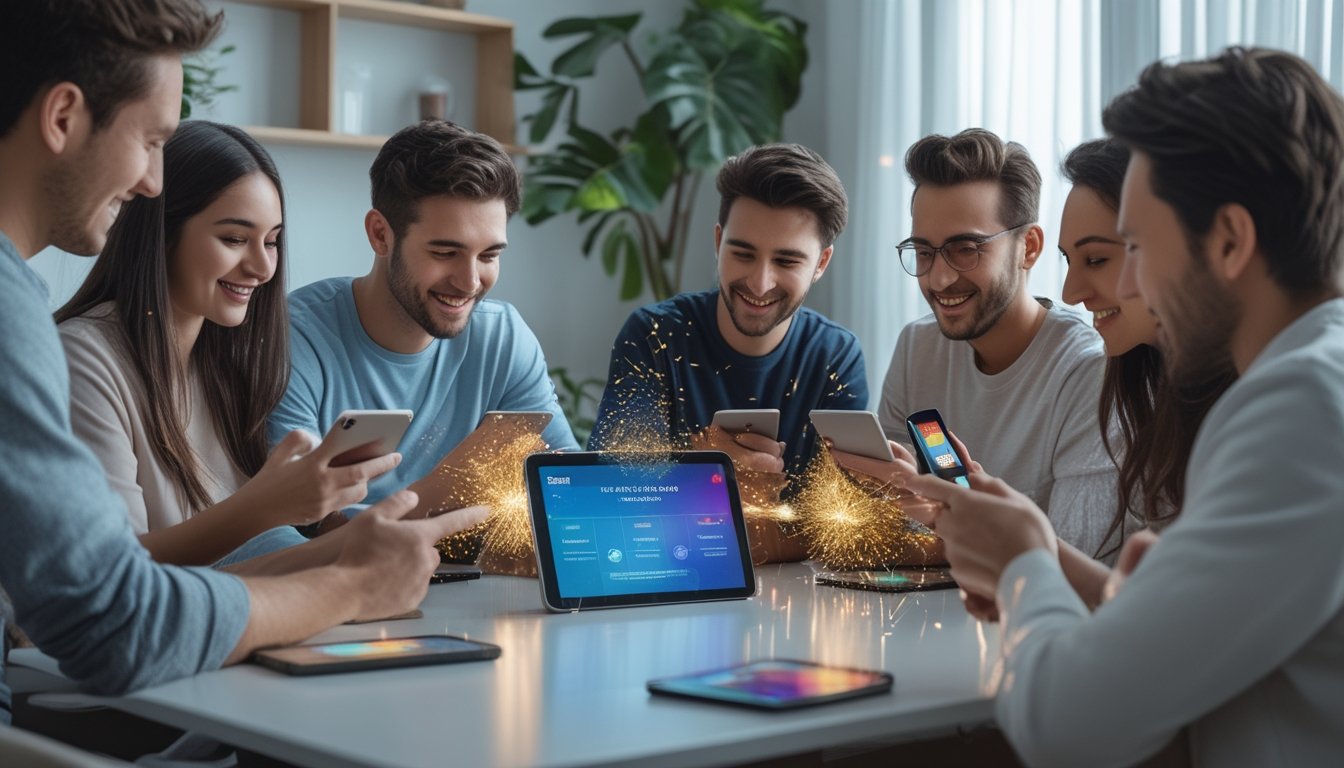 Sekelompok orang muda menggunakan ponsel dan tablet di ruang tamu modern yang nyaman, berinteraksi dengan aplikasi perbankan online yang menampilkan tema permainan kartu dan bonus anggota baru.