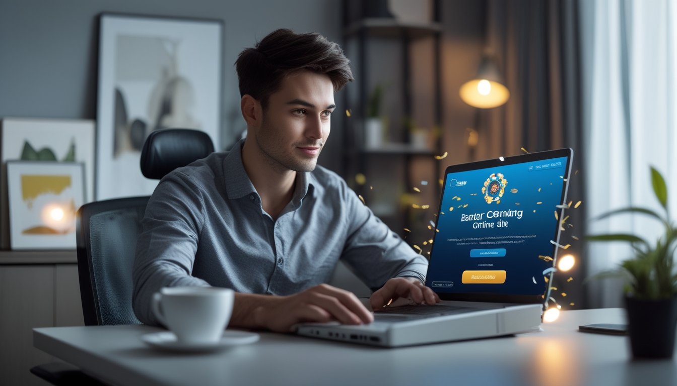 Seorang pria muda duduk di meja dengan laptop di ruang kerja modern, fokus pada layar komputer yang menampilkan situs judi online.