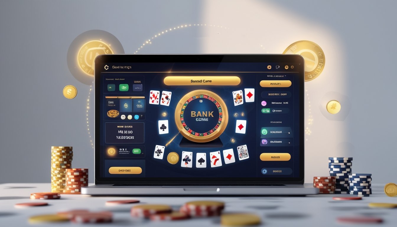Seseorang bermain kartu di perangkat digital dengan tumpukan chip dan simbol kemenangan di sekitar.