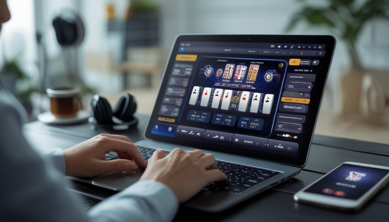 Seseorang bermain permainan kartu Bandar Ceme secara online di laptop dengan suasana ruangan yang nyaman.