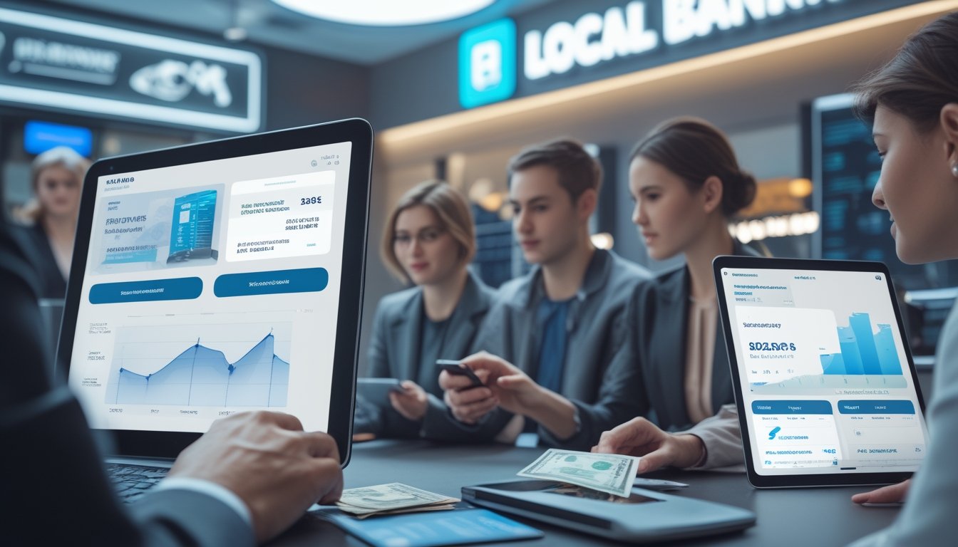 Orang-orang menggunakan perangkat digital untuk melakukan transaksi bank lokal di lingkungan bank modern yang futuristik.