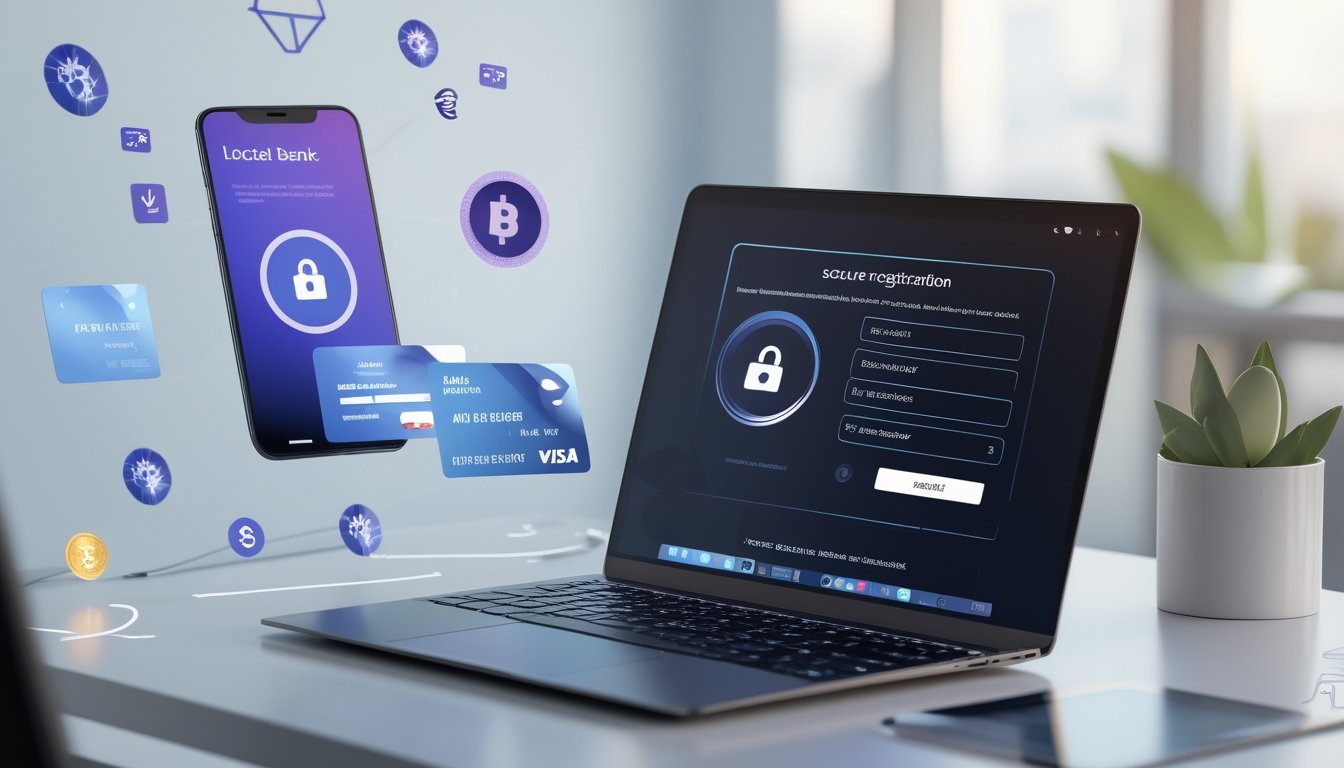 Seseorang sedang menggunakan laptop untuk mendaftar di situs dengan suasana kantor modern dan perangkat digital di sekitarnya.