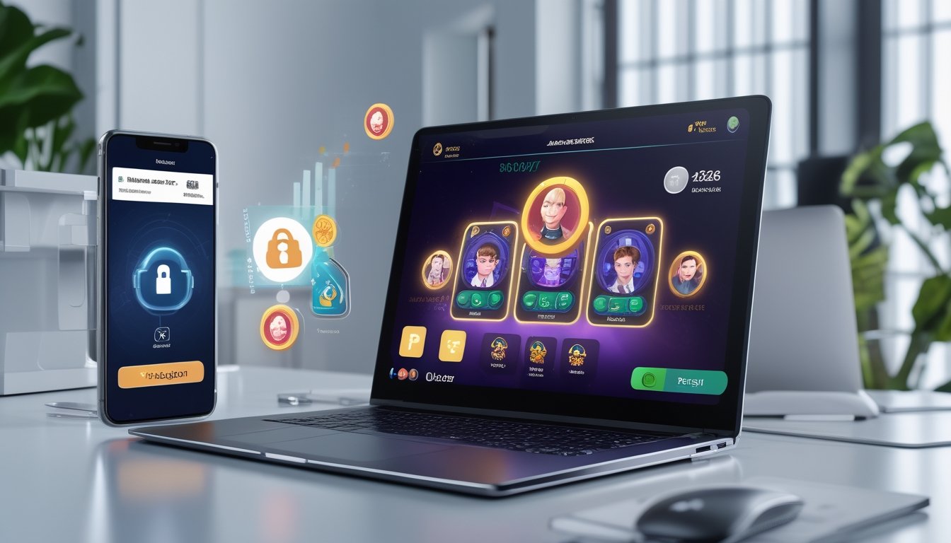 Seorang profesional menggunakan laptop dan ponsel di meja kerja dengan tampilan permainan kartu online dan aplikasi perbankan yang aman.