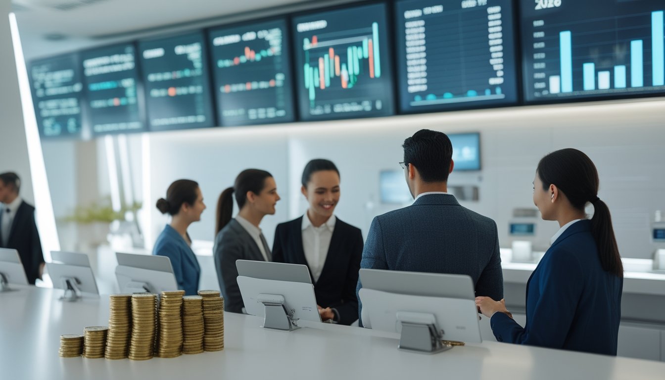 Suasana dalam bank modern dengan pelanggan dan staf yang berinteraksi di dalam ruangan terang dan bersih.