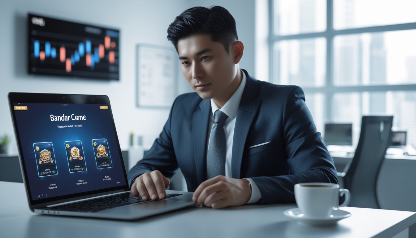 Seorang pria Asia Tenggara duduk di meja modern dengan laptop, menatap layar dengan fokus di ruang kantor terang yang menampilkan elemen perbankan dan permainan kartu digital.