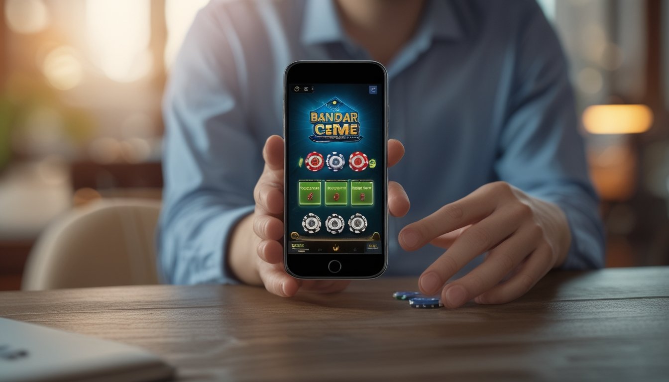 Seseorang memegang ponsel yang menampilkan permainan Bandar Ceme online dengan kartu dan chip di layar.