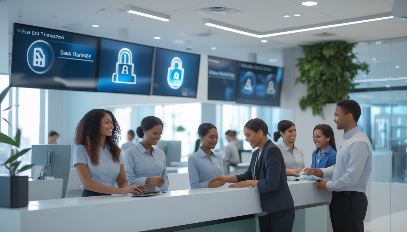 Suasana di dalam bank modern dengan staf melayani pelanggan secara ramah dan efisien.