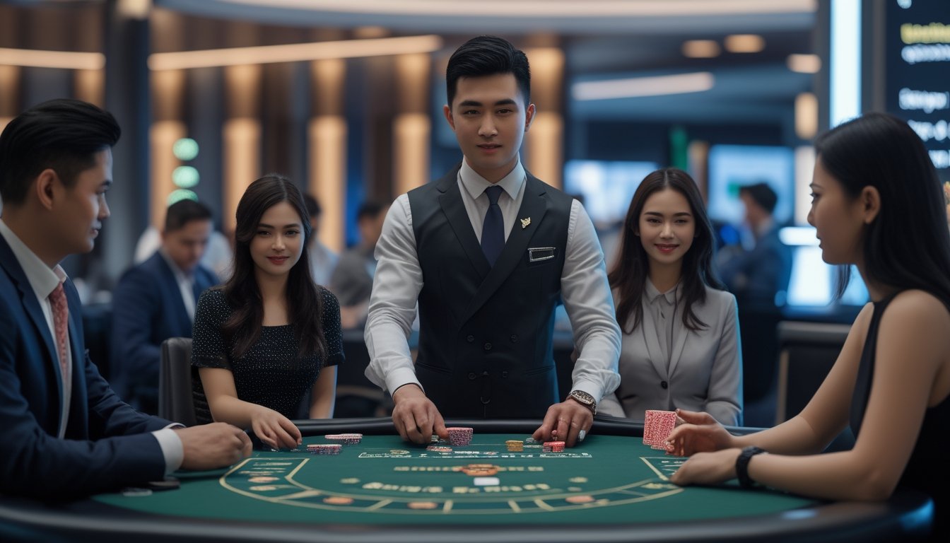 Seorang dealer profesional sedang mengelola permainan Bandar Ceme di meja permainan dengan pemain yang fokus dan suasana kasino modern.