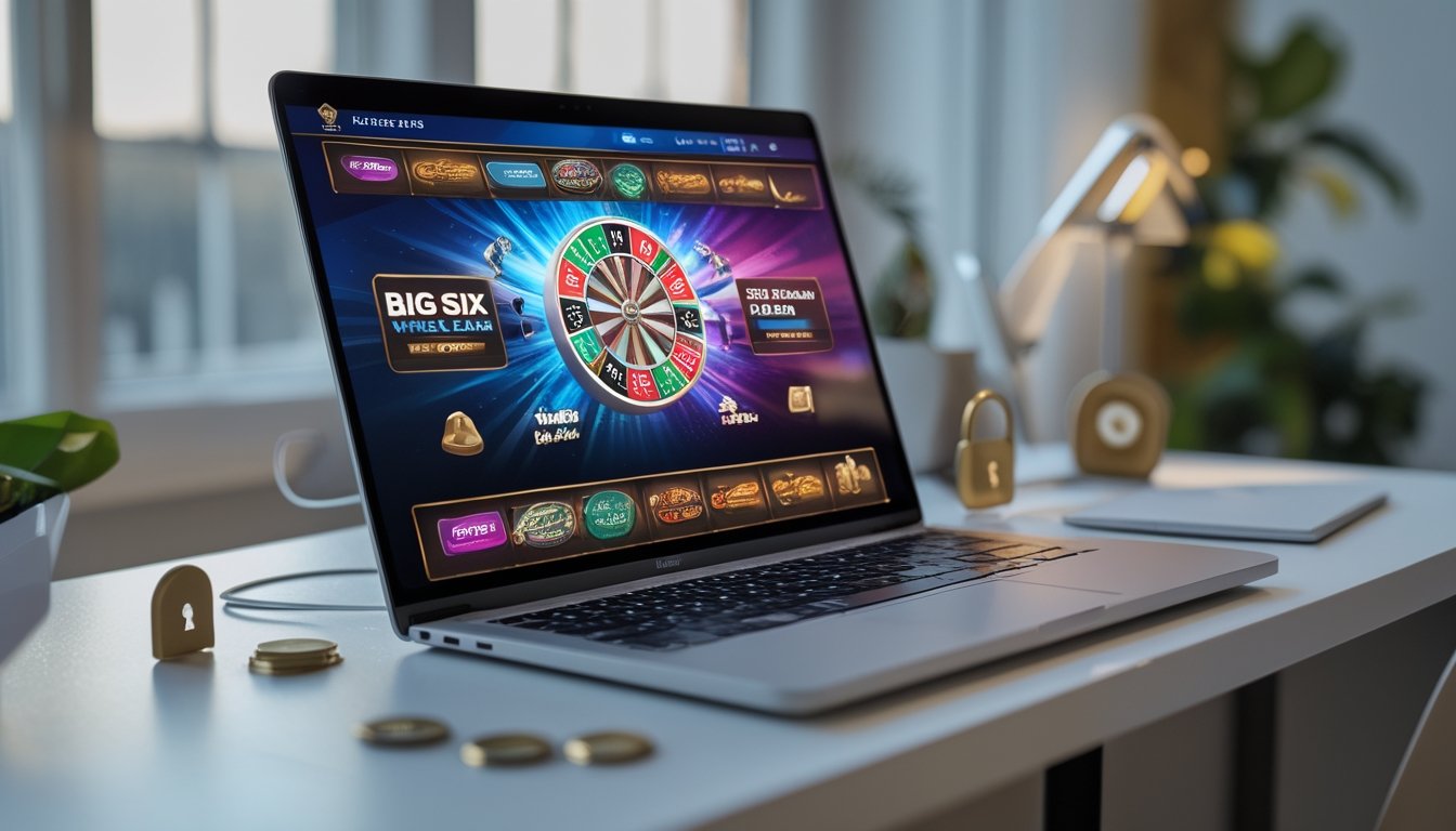 Layar laptop menampilkan permainan roda besar Big Six Wheel di kasino online dengan simbol keamanan di sekitar meja kerja.