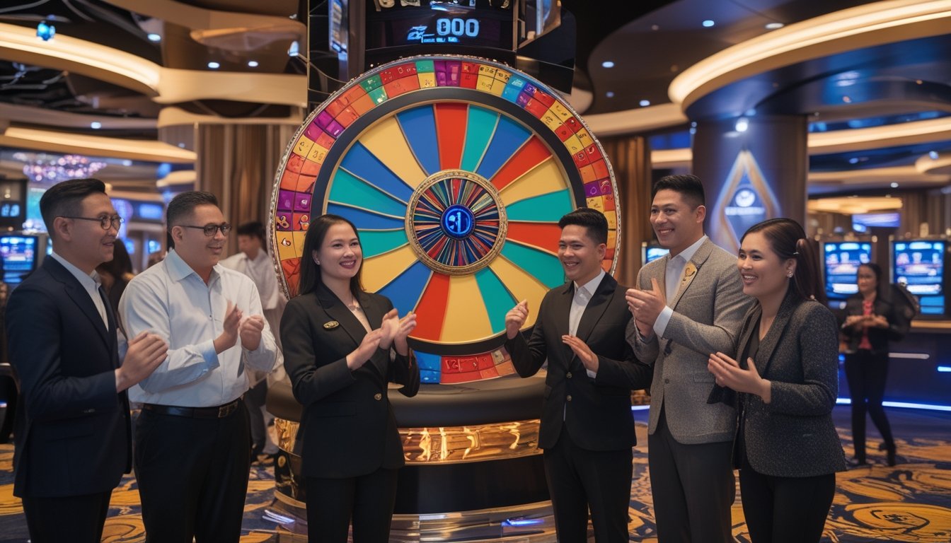 Beberapa orang bermain roda besar di dalam kasino dengan dekorasi yang mencerminkan budaya Indonesia.
