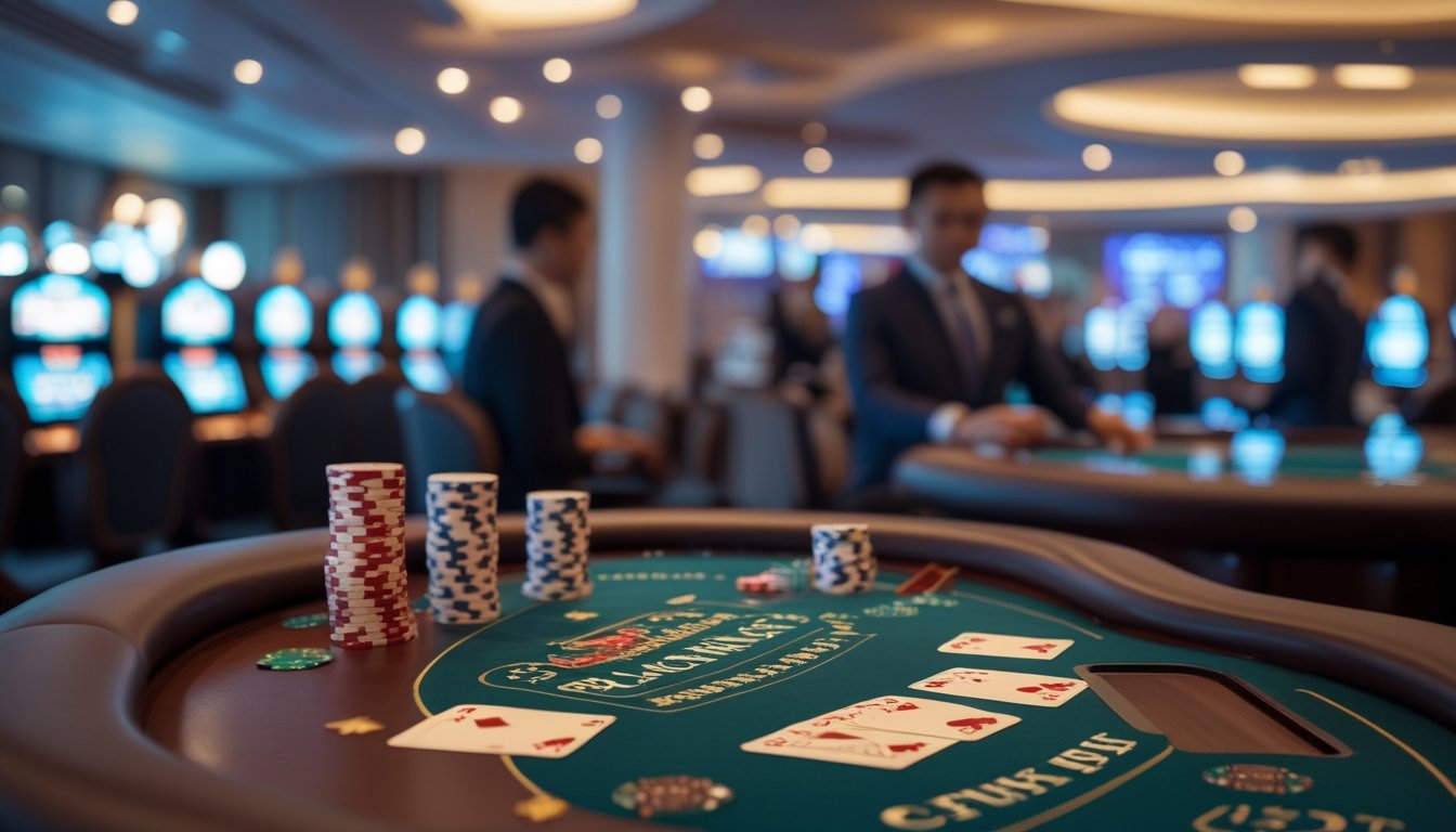 Meja blackjack dengan kartu dan chip poker di kasino modern dengan pemain yang sedang bermain.