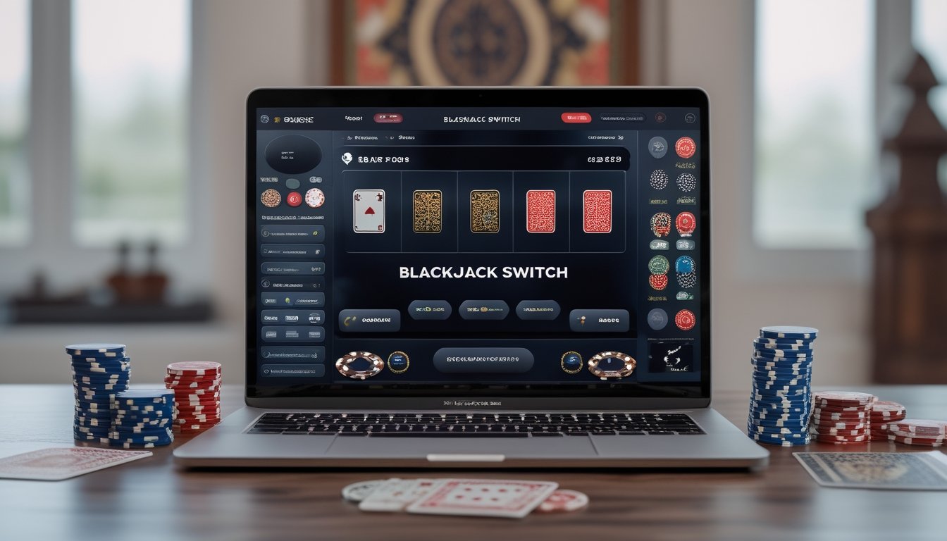 Meja kerja dengan laptop yang menampilkan permainan Blackjack Switch, kartu remi, dan chip kasino, dengan latar belakang dekorasi tradisional Indonesia.