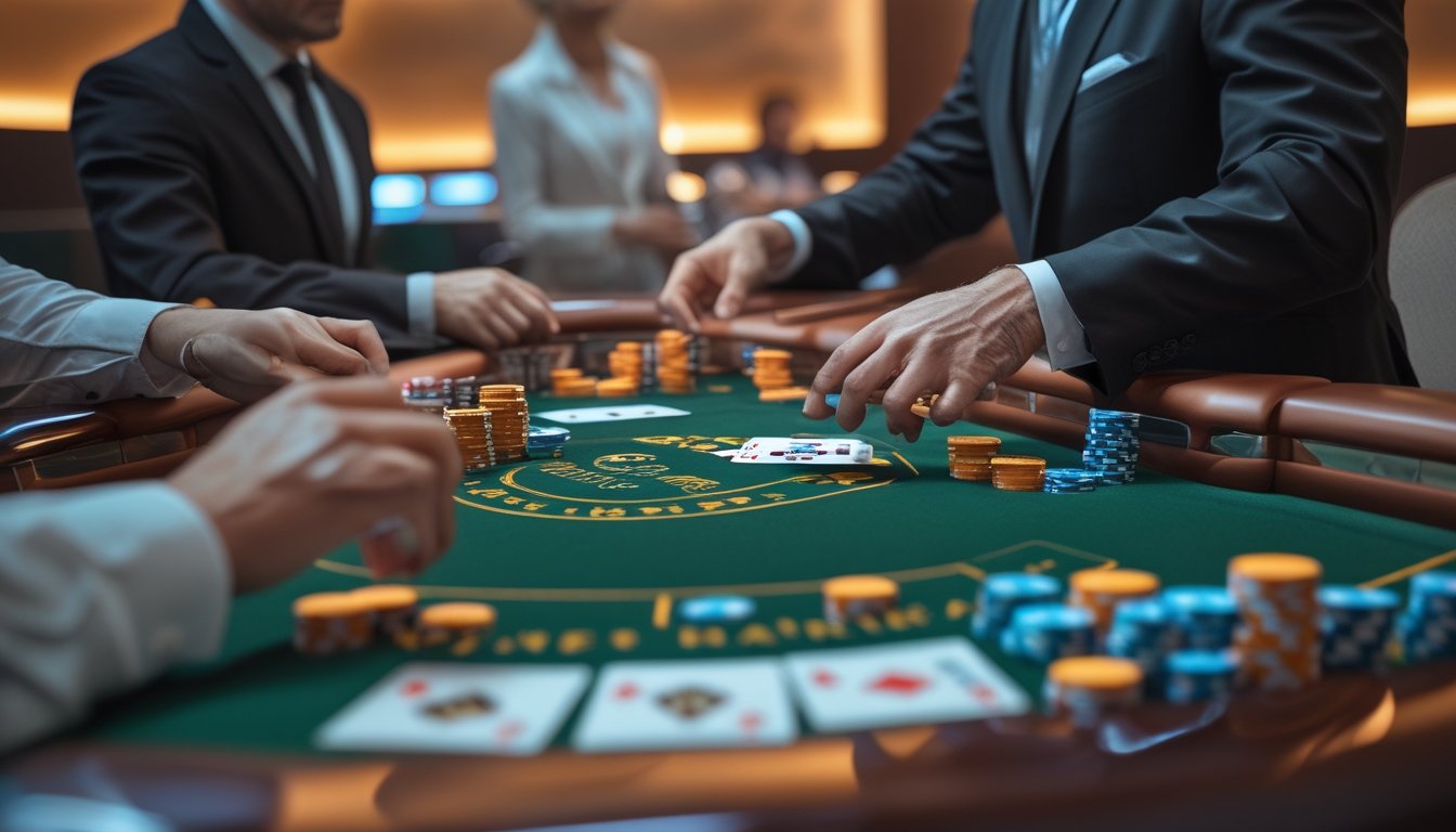 Suasana meja blackjack di kasino dengan dealer dan pemain yang sedang bermain kartu.