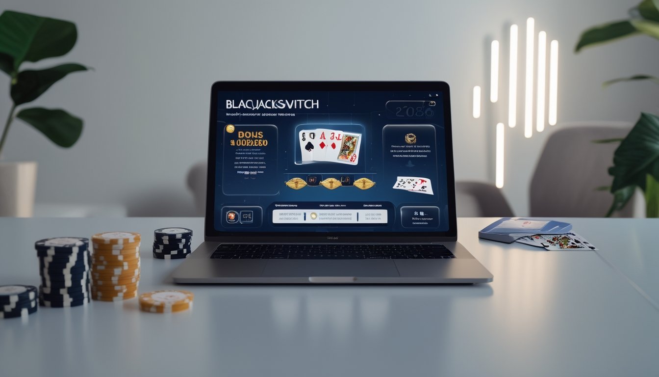 Seorang pengguna sedang bermain blackjack switch online di laptop dengan chip poker dan kartu di meja.