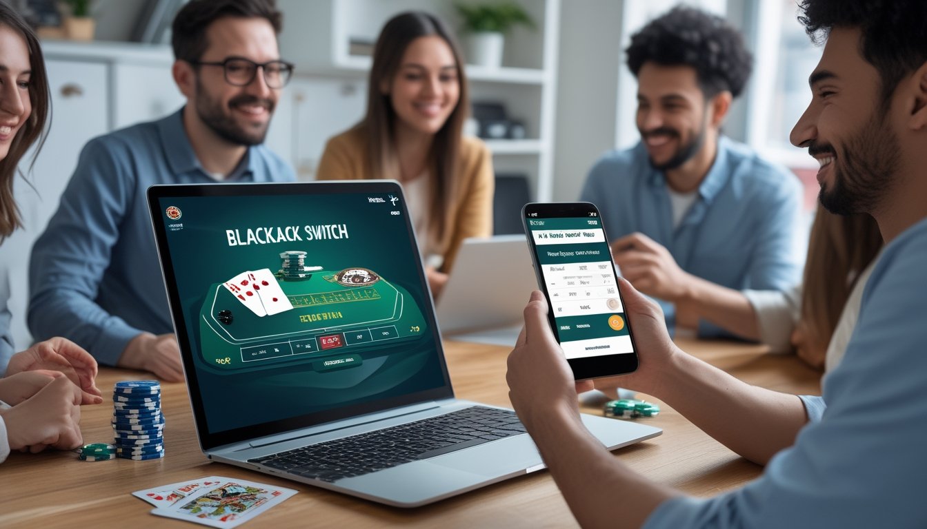 Orang-orang muda yang tersenyum menggunakan laptop dan ponsel untuk bermain blackjack online di ruang tamu yang nyaman.
