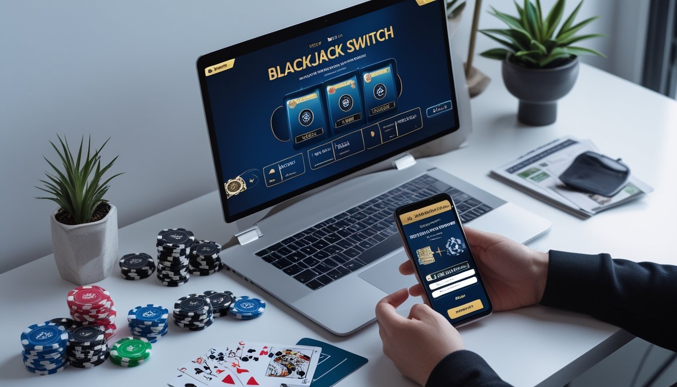 Meja kerja modern dengan laptop yang menampilkan permainan Blackjack Switch online, kartu remi dan chip poker di sekitar, serta ponsel yang menunjukkan halaman pendaftaran situs judi online.