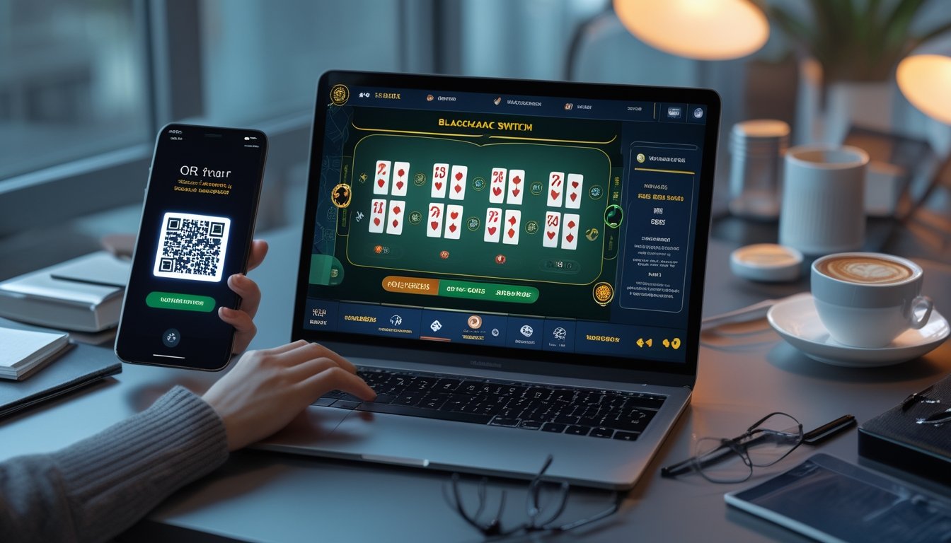 Seseorang menggunakan laptop dengan tampilan permainan blackjack online dan ponsel menampilkan kode QR untuk pembayaran QRIS di meja kerja yang rapi.