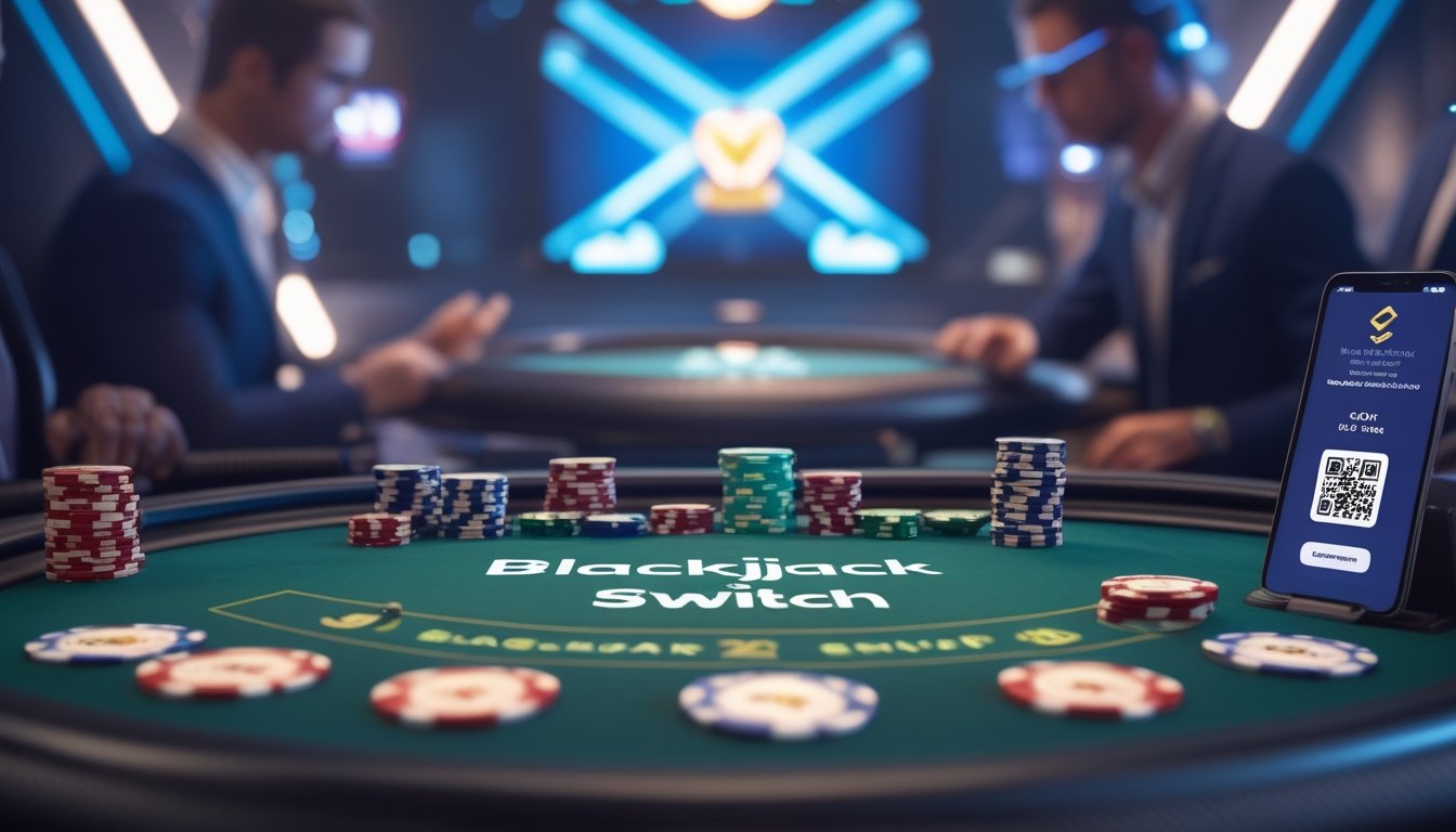 Sebuah meja blackjack online dengan kartu dan chip, serta layar ponsel menampilkan kode QR untuk sistem deposit QRIS 24 jam.