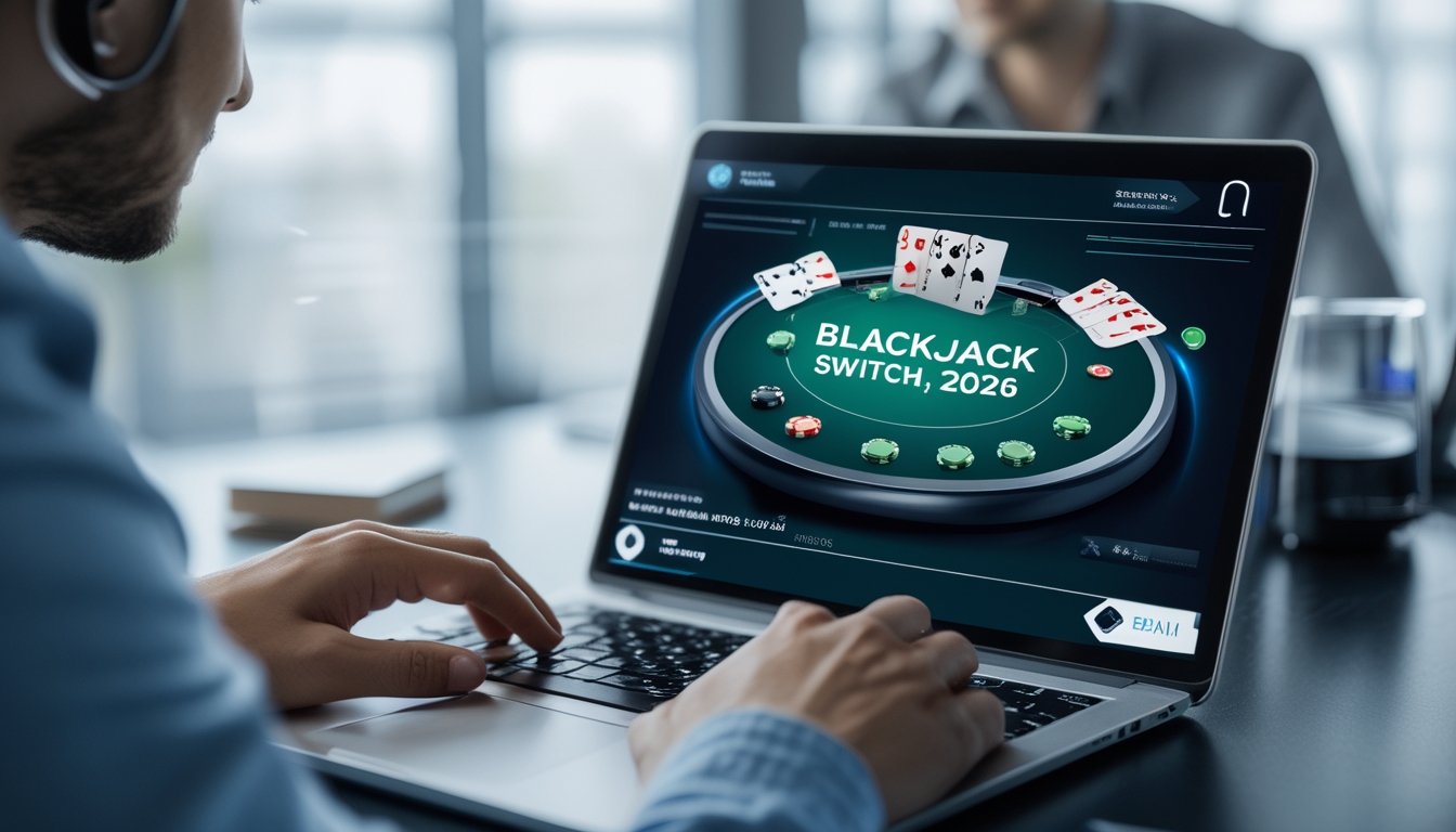 Seseorang menggunakan laptop dengan tampilan meja Blackjack virtual yang modern dan aman.