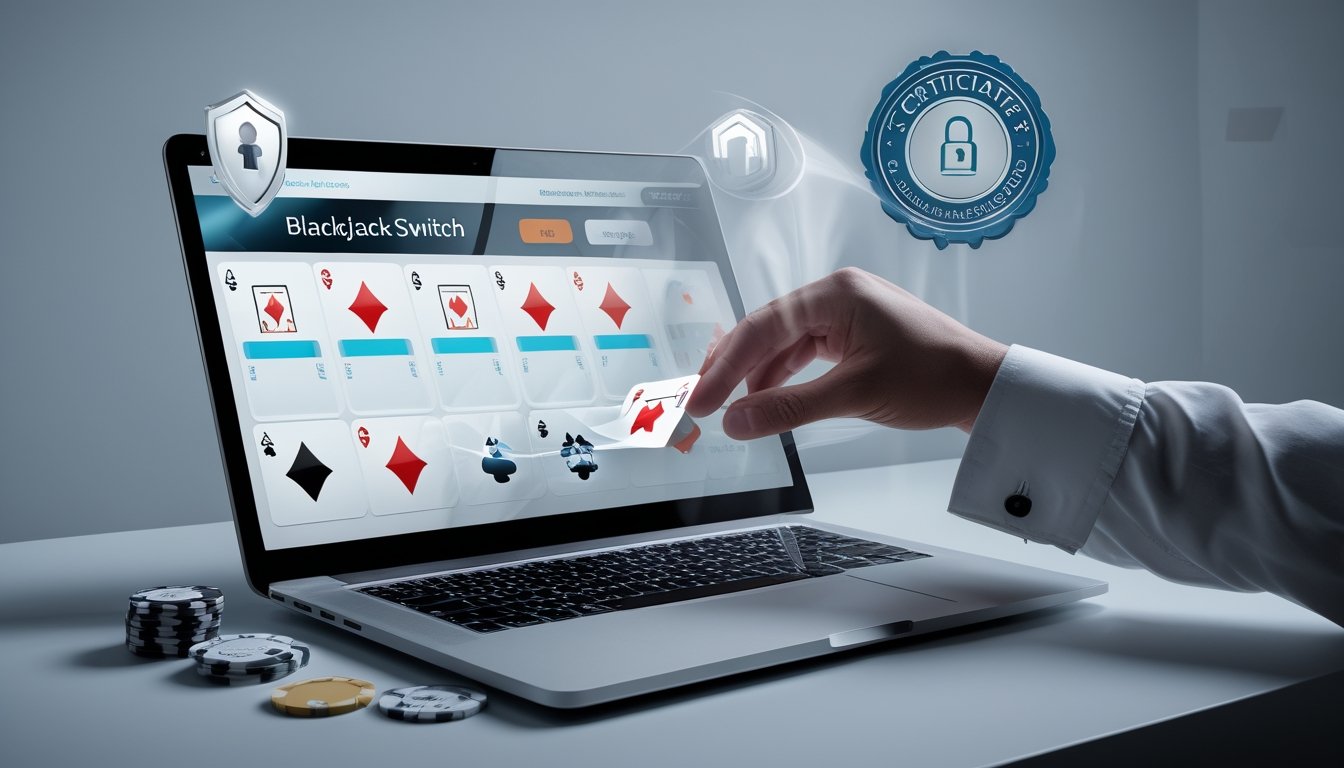 Seorang pemain menggunakan laptop untuk bermain Blackjack Switch online dengan suasana yang profesional dan aman.