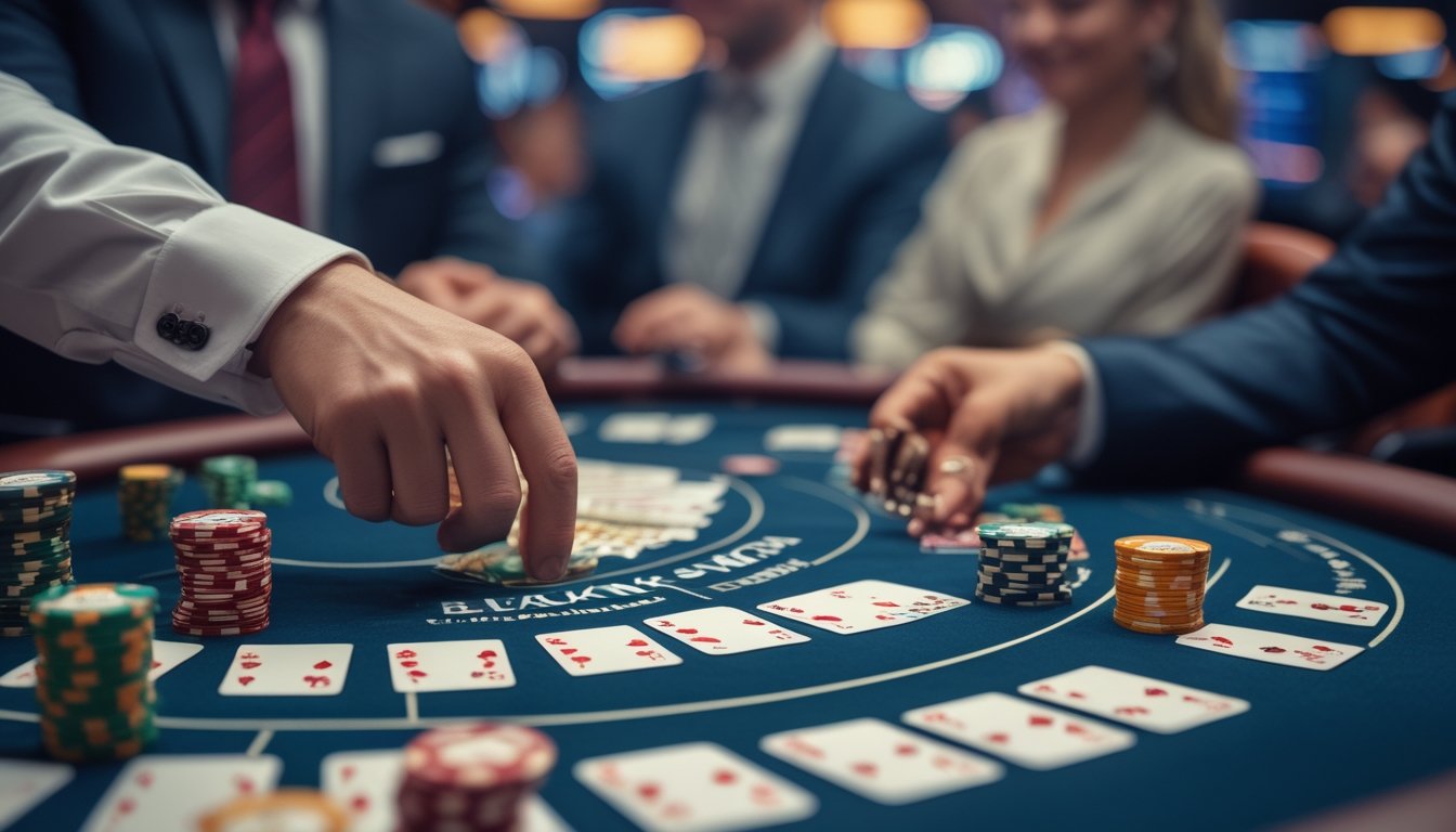 Meja kasino dengan kartu blackjack dan tumpukan chip, dealer sedang membagikan kartu, dengan pemain di latar belakang.